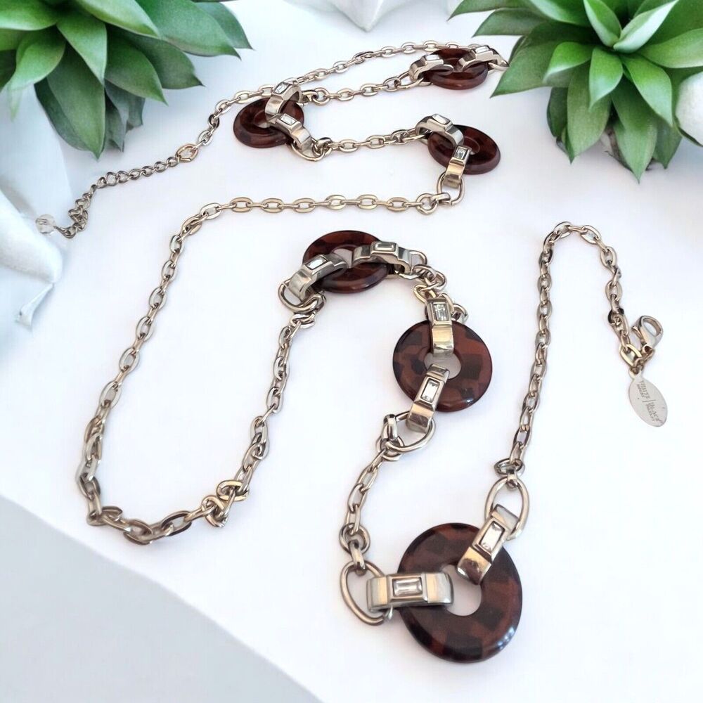 White House Black Market Long Necklace Tortoise Lucite Baguette Crystals - 7X